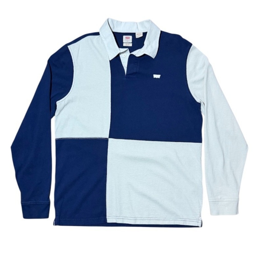 Vintage Y2K Levis Relaxed Fit Colorblock Rugby Navy Blue Long Sleeve Polo Shirt